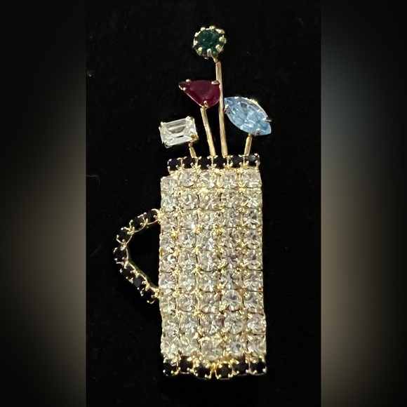 Jewelry - Vintage Women’s GOLF BAG & GOLF CLUBS Rhinestone Brooch ~ Prong Set ~ Gold Tone
